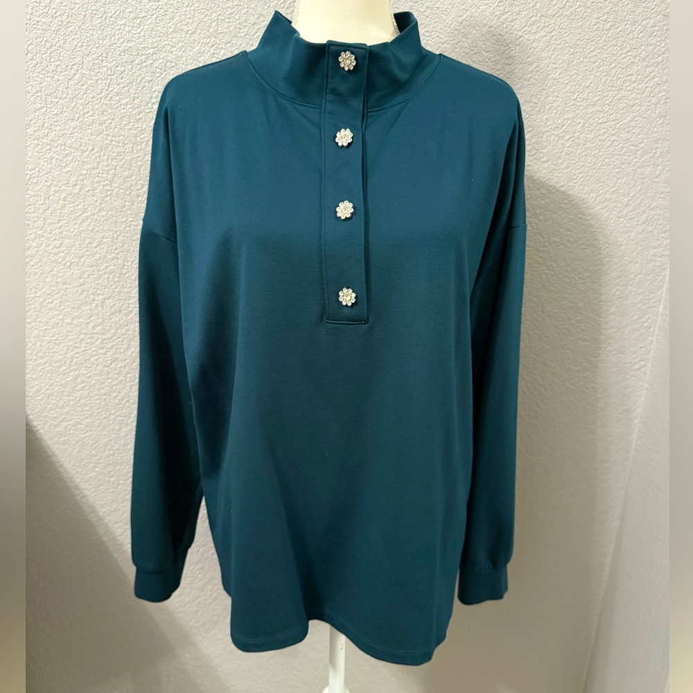 Ann Taylor deep green rhinestone button top